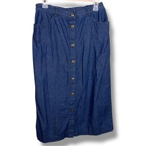 Vintage 90s Allison Daley Blue Denim Skirt Elastic Waistband Western Midi Length